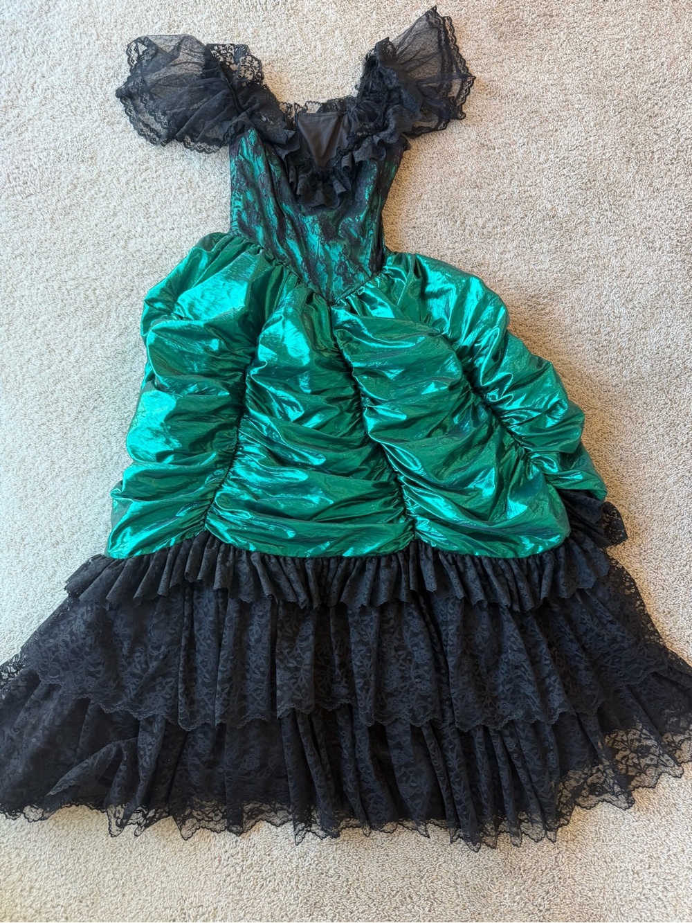 Vintage 80s Loralie Metallic Green Lume Goth  Lace Prom Dress Women’s Sz 16 USA